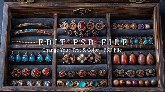 PSD antique jewelry collection in wooden box