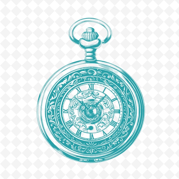 PSD antique pocket watch with intricate engravings and black and png outline flat illustration designs