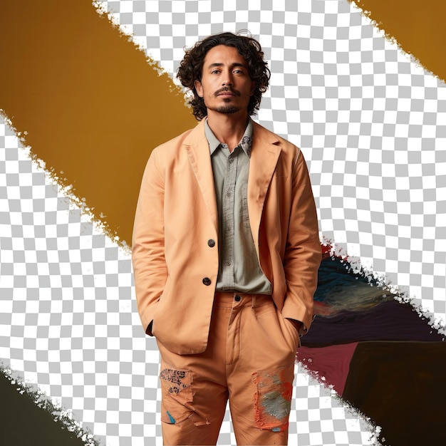 A Anxious Adult Man with Wavy Hair from the West Asian ethnicity dressed in Interpreter attire poses in a Standing with One Foot Forward style against a Pastel Apricot background