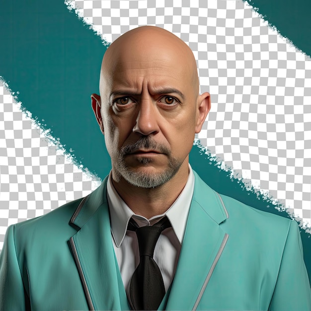 A Anxious Middle aged Man with Bald Hair from the Hispanic ethnicity dressed in Market Research Analyst attire poses in a Intense Direct Gaze style against a Pastel Turquoise background