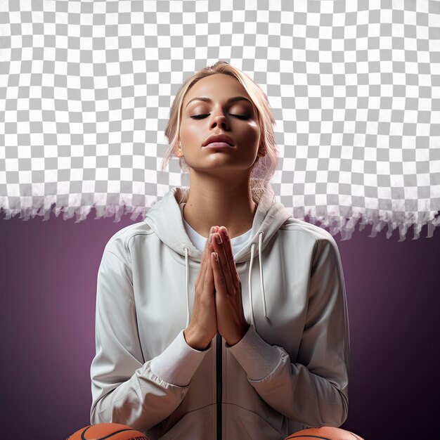 A Anxious Senior woman with Blonde Hair from the Nordic ethnicity dressed in Playing basketball attire poses in a Sitting with Hands Clasped style against a Pastel Lilac background