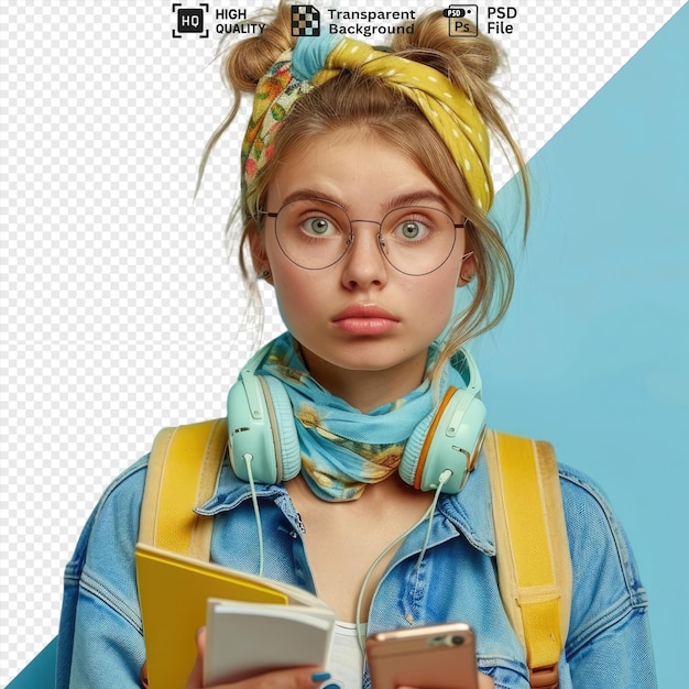 anxious young female student wearing glasses bandana and headphones around neck holding note pads