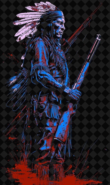 PSD apache warrior portrait with war bonnet and rifle standing w png illustration character designs