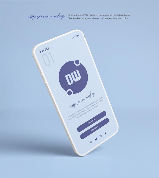 App interface presentation mockup on 3d phone screen isolated