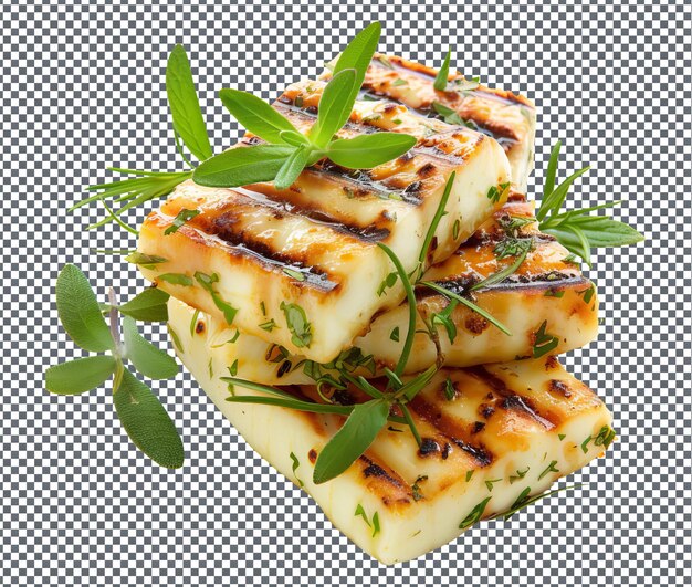 PSD appetizing grilled halloumi with herbs isolated on transparent background