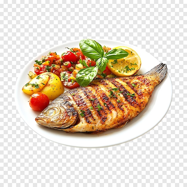 PSD appetizing grilled tilapia fish with healthy vegetables on a transparent background