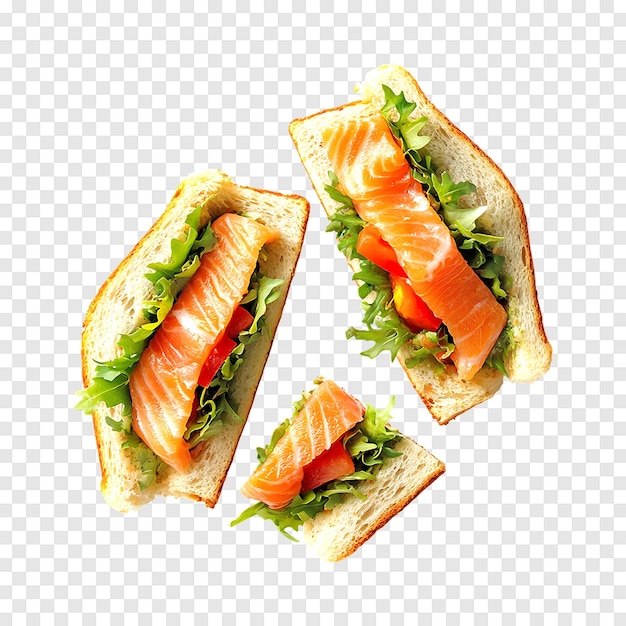 PSD appetizing jerked salmon sandwiches isolated on a clear transparent background for art