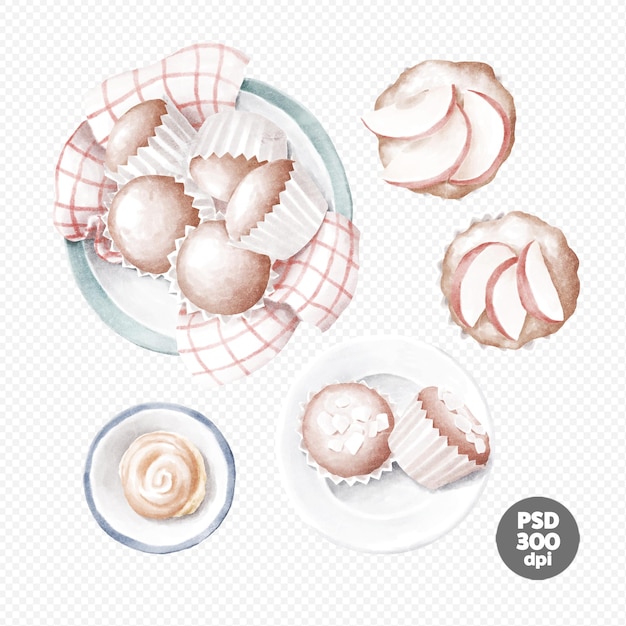 Apple cakes, cupcakes and bun in a plate hand drawn clipart