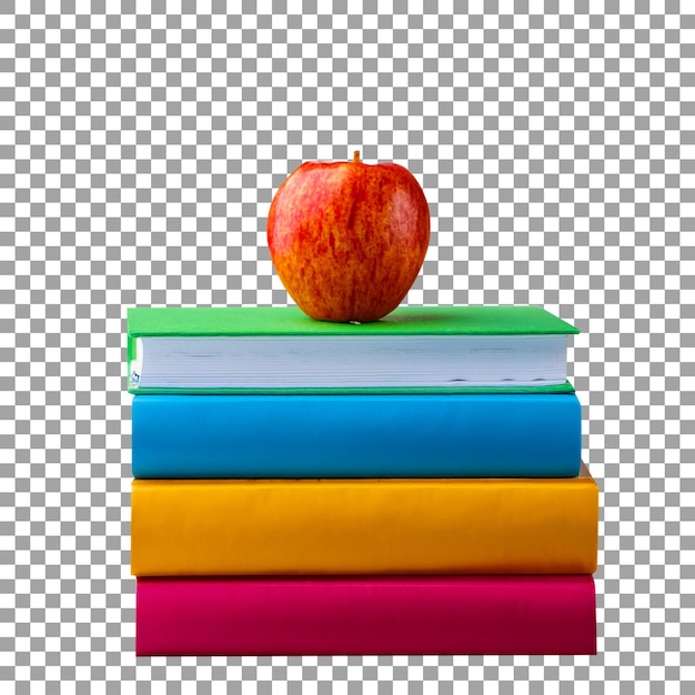 an apple is on top of a stack of books