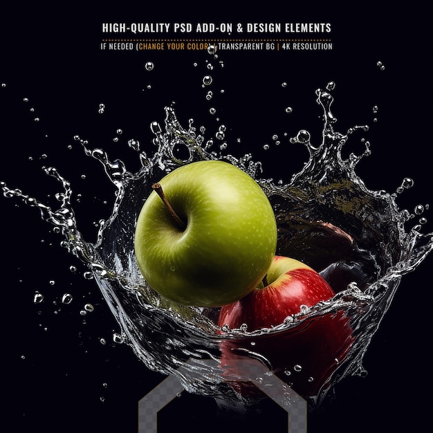 PSD apple in a splash of water explosion on tranparent background