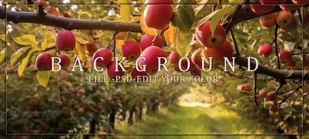 PSD apples hanging from a branch in an orchard