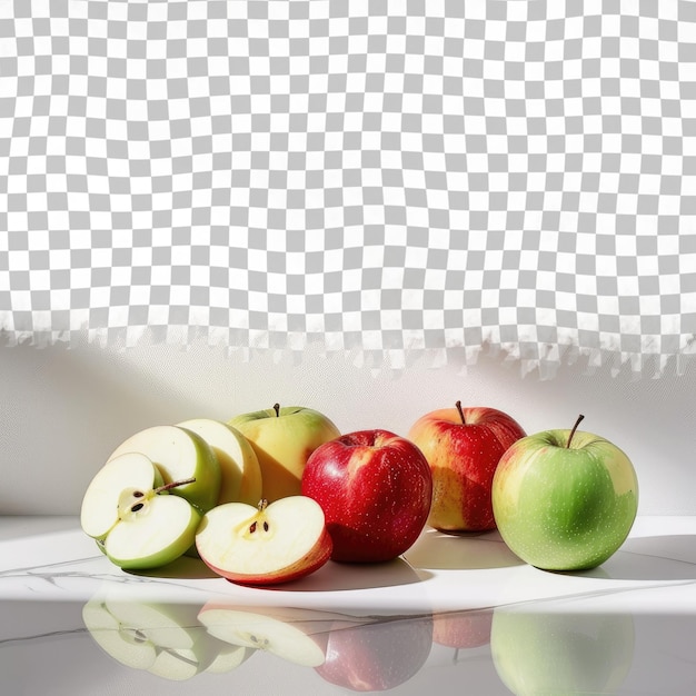 PSD apples and pears on a table with a white background