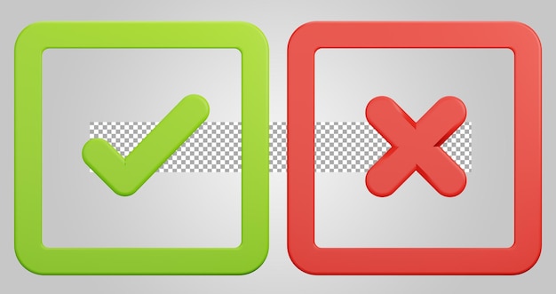 Approve reject square button on transparent background 3D Illustration