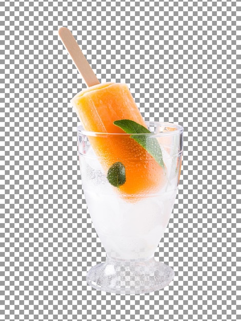 Apricot popsicle ice cream with mint leaves in glass with transparent background