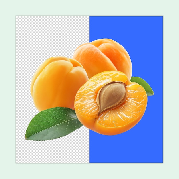 Apricots with a half cut apricot isolated on a transparent background Apricot fruit PSD