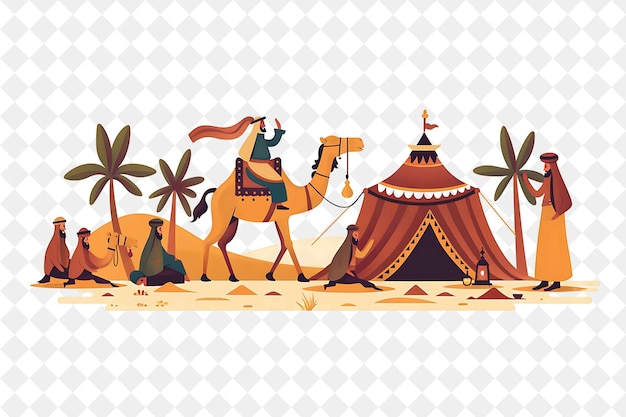 PSD arabian desert with bedouin characters having a camel race d people life style flat illustration