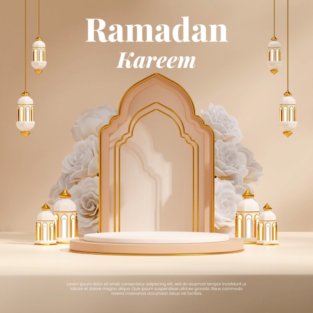 arabian lamp and white flower ramadan kareem, 3d render image empty scene white podium in square