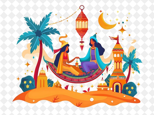 Arabian Nights With Aladdin and Jasmine Riding a Magic Carpe People Life Style Flat Illustration