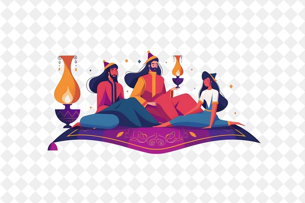 PSD arabian nights with characters having a magic carpet ride de people life style flat illustration