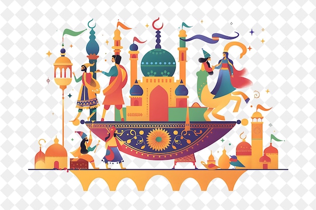 PSD arabian nights with characters having a magic carpet ride de people life style flat illustration