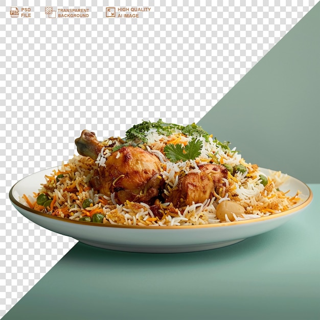 Arabic food kabsa with chicken and almonds closeup on a plate on transparent background