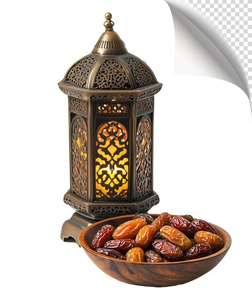 PSD arabic lantern and dates fruit arranged isolated on transparent background