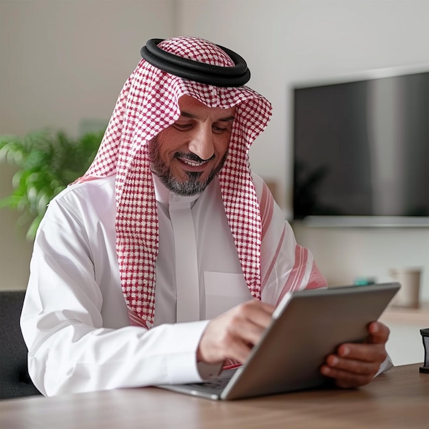 Arabic man is using a tablet with a red and white checkered cloth