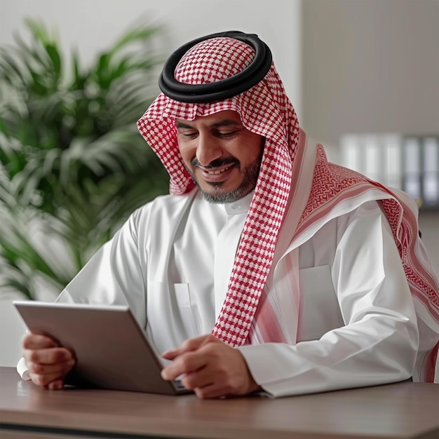 Arabic man is using a tablet with a red and white checkered cloth