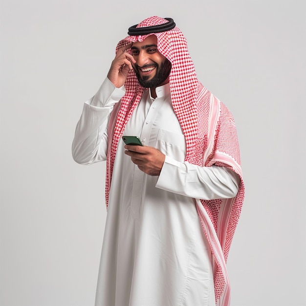 PSD arabic man wearing a white shirt and a black and red patterned shirt is on a cell phone