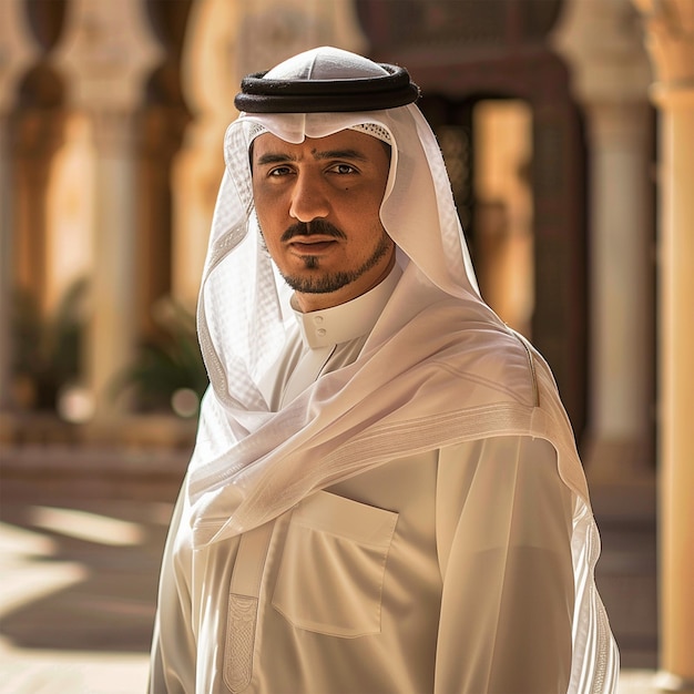 PSD arabic man in a white dress is standing in front of a building