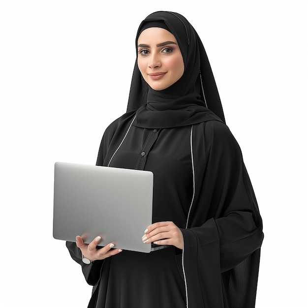 Arabic woman in a black hijab holds a laptop