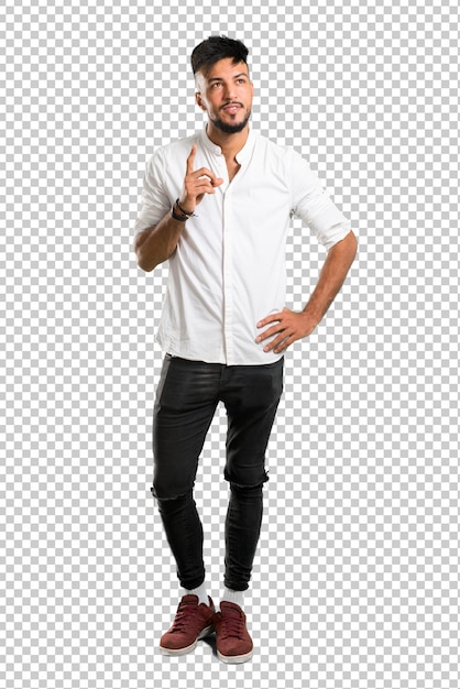 PSD arabic young man with white shirt standing and thinking an idea