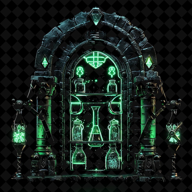 Arcane Alchemical Laboratory Entrance With Retorts and Elixi PNG Y2K Shape Neon Color Collection