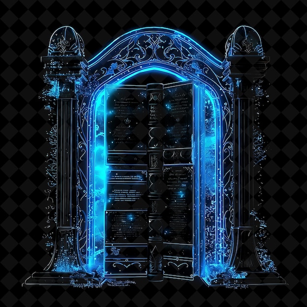 Arcane Library Gate With Magical Books and Floating Scrolls PNG Y2K Shape Neon Color Collection