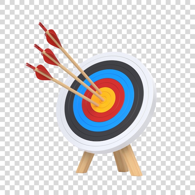 Archery target with three arrows isolated on white background 3D render illustration