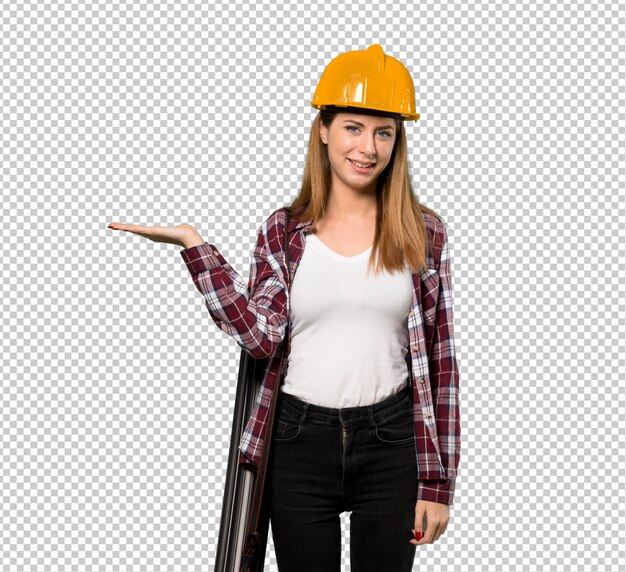 PSD architect woman holding copyspace imaginary on the palm to insert an ad