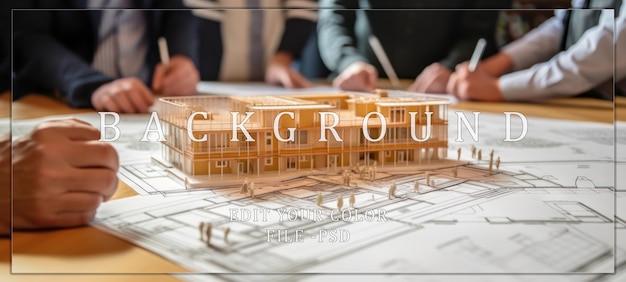 PSD architectural model on blueprint with blurred background