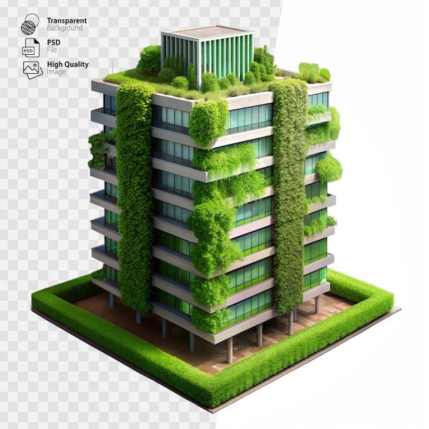 PSD architectural model of a modern green building with lush vertical gardens