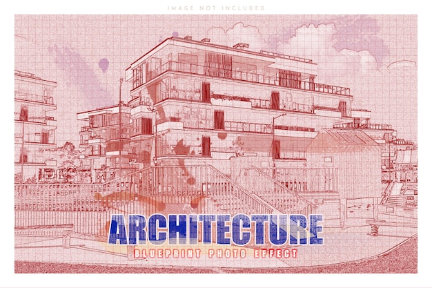 Architecture real sketch and blueprint photo effect