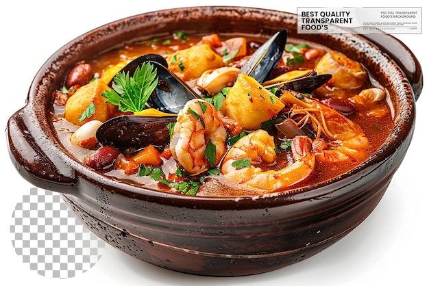 Argentinian Azuela de Moriscos Seafood stew on transparent background