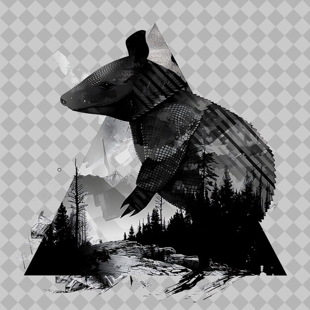 PSD armadillo animal inside a silhouette triangle cave adorned w png watercolor wild life collections