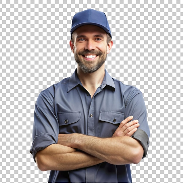 PSD arms crossed smiling male plumber on transparency background psd