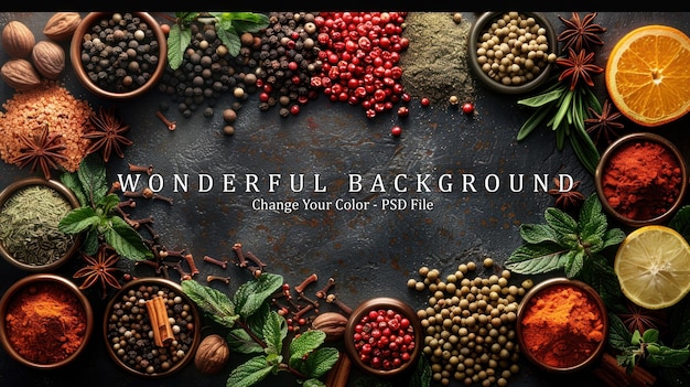 PSD aromatic spices and herbs on a rustic background