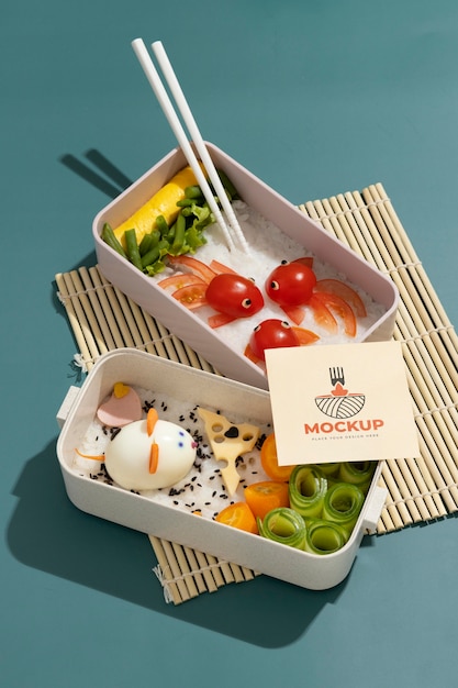 Arrangement of bento box with mock-up card