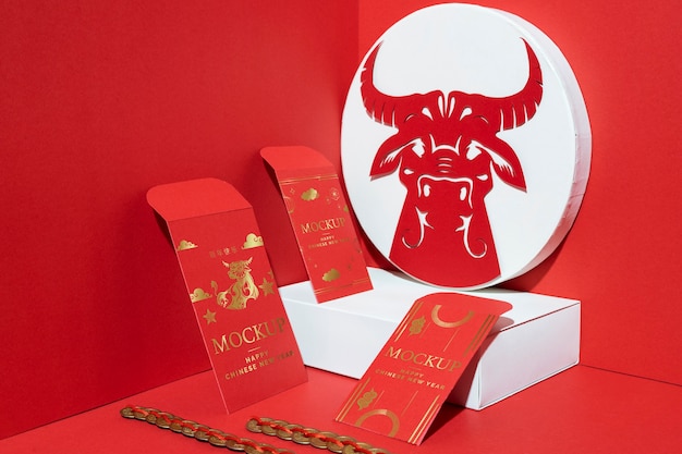 Arrangement of chinese new year mock-up elements