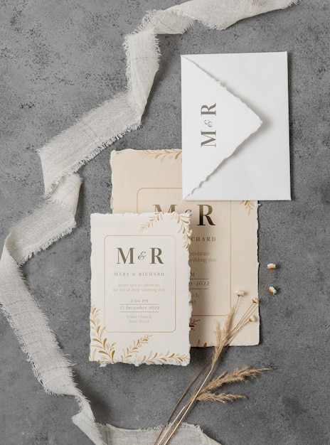 Arrangement of elegant wedding mock-up cards