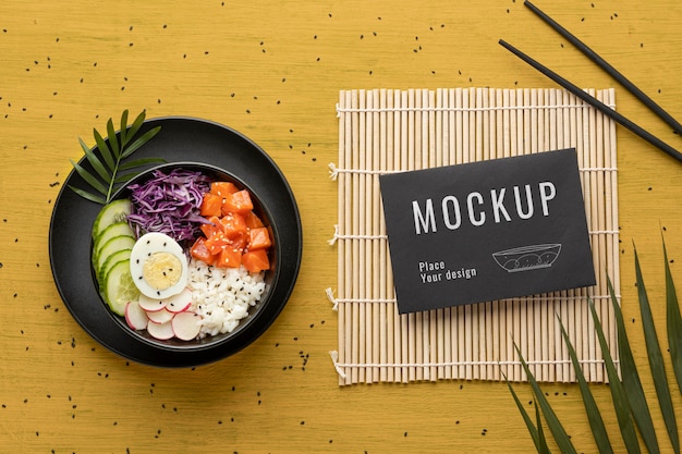 Arrangement of poke bowls with mock-up card