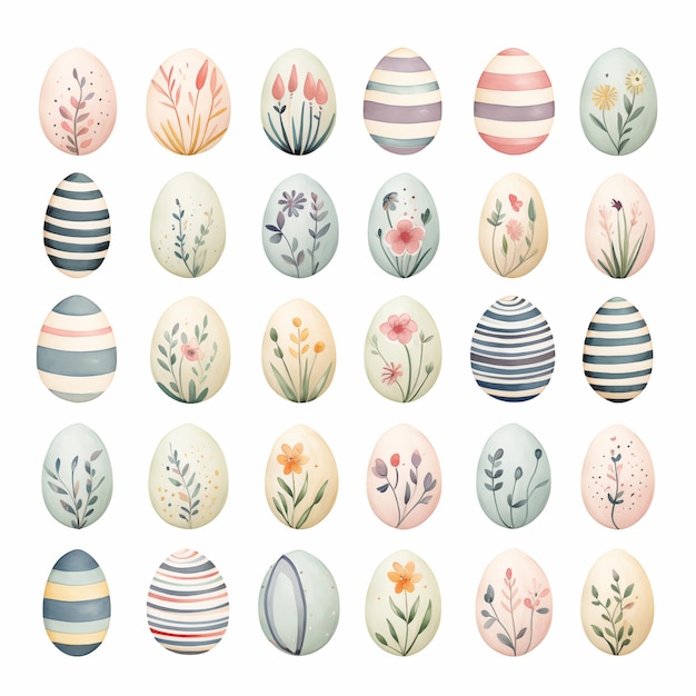 an array of Easter eggs on white background in the style of delicate flora depictions