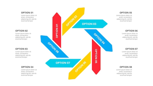 PSD arrows cycle infographic with 8 options flat illustration for data visualization and analysis