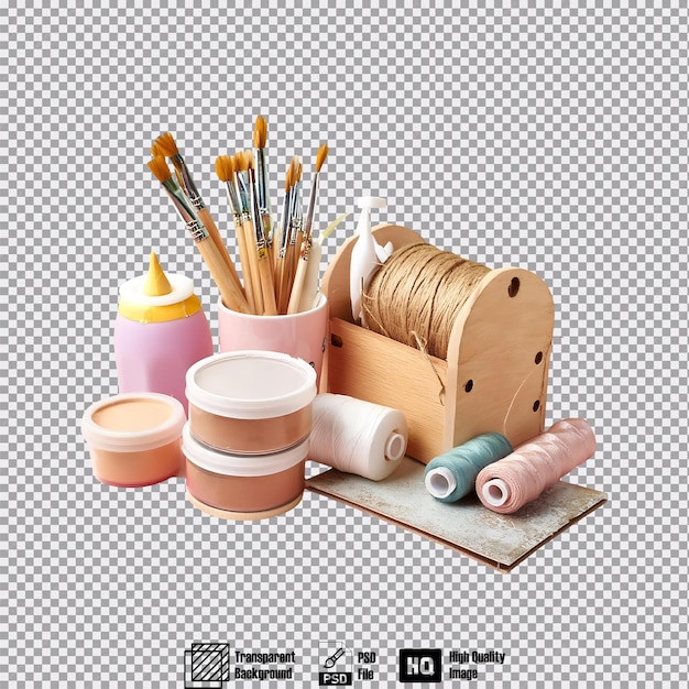 Art and Craft Supplies with Paintbrushes on Plain Background